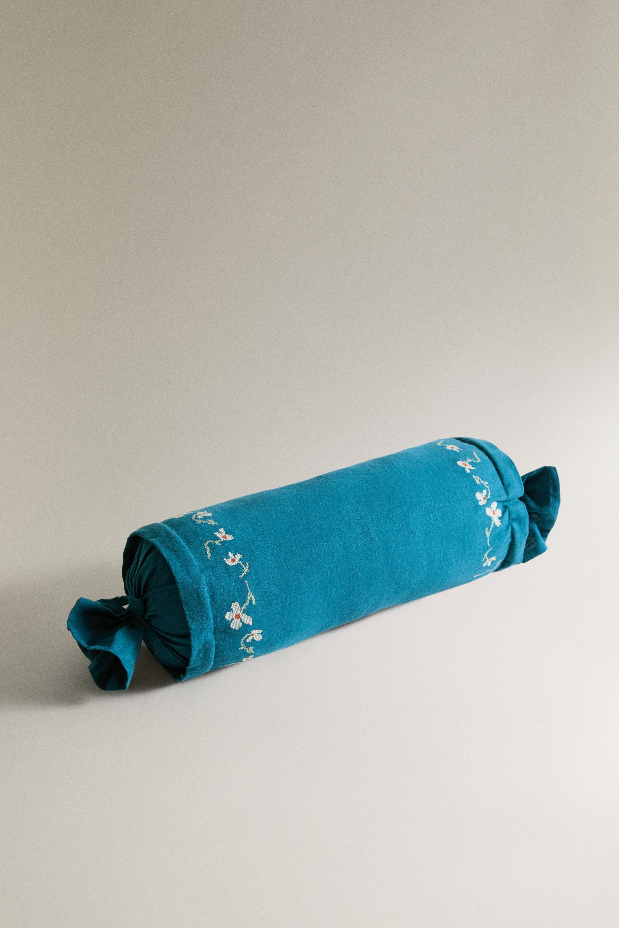 EMBROIDERED FLORAL BOLSTER PILLOW